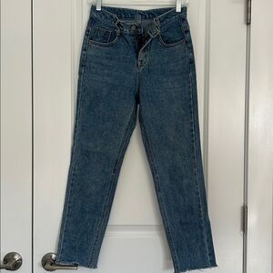 Blue High Rise Jeans with Raw Hem